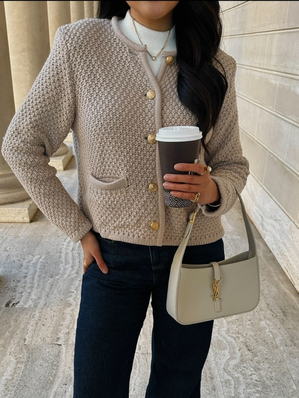 Rosae Paris - Chunky Knit Crewneck Cardigan Sweater in Beige with Gold Buttons - Picture 2 of 7